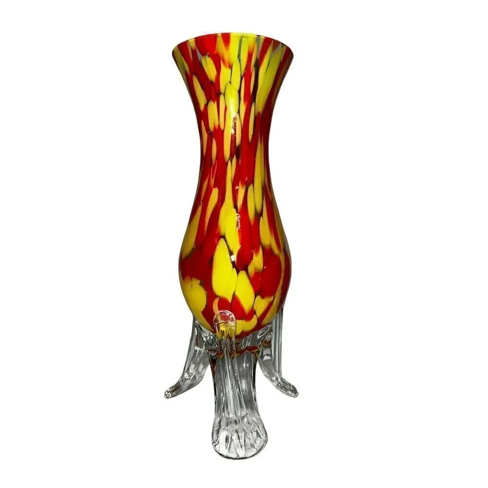 VTG Franz Welz Red and Yellow Spatter Vase on Clear glass Strutted Tripod Legs